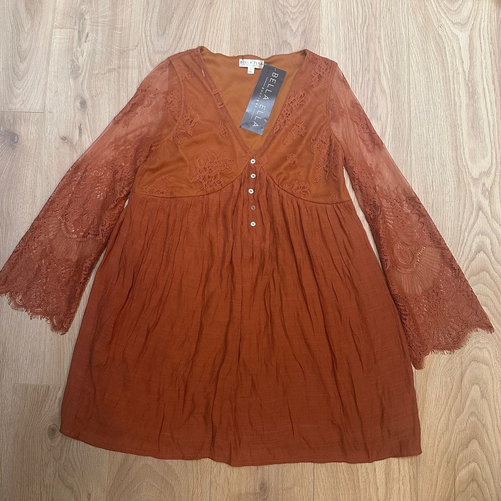 NWT Bella Ella Boutique Boho Dress M Crinkle Gauze Flutter Lace Sleeve Fairy